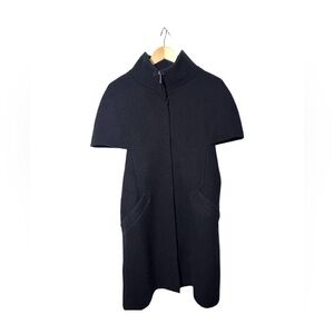 Costume National black wool coat zipper fitted high collar short sleeved medium